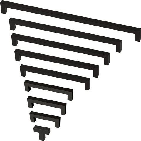 Matte Black Cabinet Handles 5-1/16 Inch Center To Center 128mm 10 Pack Modern Drawer Pulls shown in various sizes.