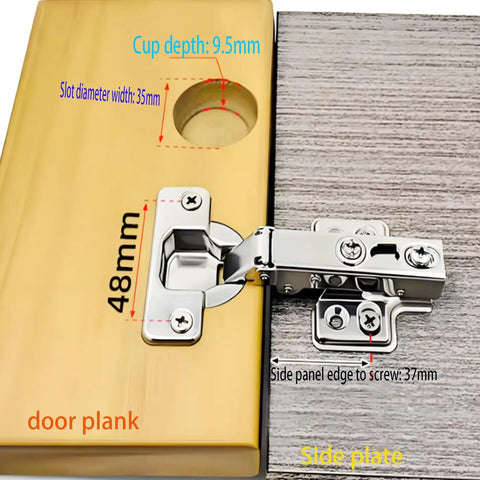 Close-up of Two Pack 100 Degree Frameless European Style Soft Close Kitchen Cabinet Hinges on wood panel, showing measurements.