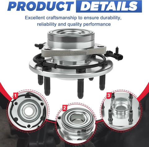 Front view of a Front Wheel Hub Bearing Assembly With ABS For Chevy Silverado 1500 4WD And GMC Sierra 1500 4WD, 2000 Through 2006 Yukon XL 1500 AWD, 2 Piece Set OE Replacement Ready To Install with highlighted details.