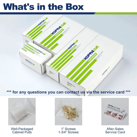 Box contents for 6-Pack Solid Brass Cabinet Pulls In Brushed Gold Finish, Single Hole Centers, screws, service card.