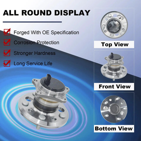 Front, top, and bottom views of Rear Right Wheel Bearing And Hub Assembly For Toyota Avalon Camry Solara Highlander Lexus ES300 ES330 ES350 2001-2012 Rear ABS Compatible Replacement Drop-In Direct Fit For Easy Install.