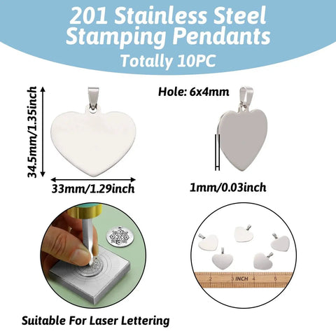 Heart Shaped 33mm Stainless Steel Stamping Blank Tag Pendants Set Of 10 With Snap On Bails For DIY Necklace And Earring Making 201 Stainless Steel Jewelry Charms Cheriswelry Go-To Gift For DIY Jewelry dimensions and use