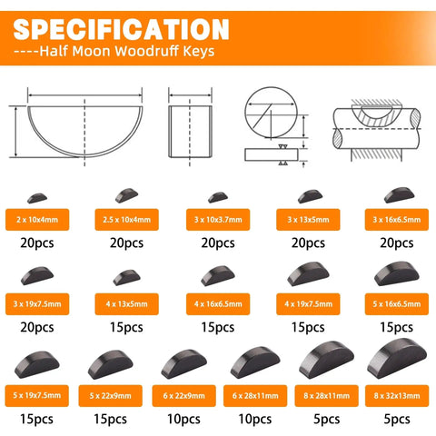 Woodruff Key Assortment Kit With 530 Pieces In 37 Sizes, Metric Woodruff Keys And 240 Half Moon Keys Specification Chart