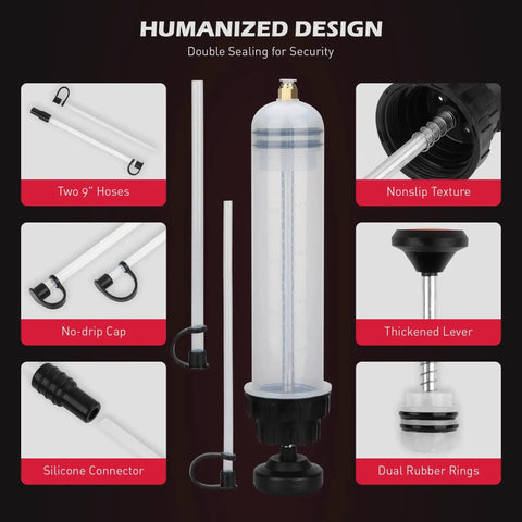 500cc Fluid Extractor And Oil Syringe With Leak Proof Dual Seal Pump, showing components and design features