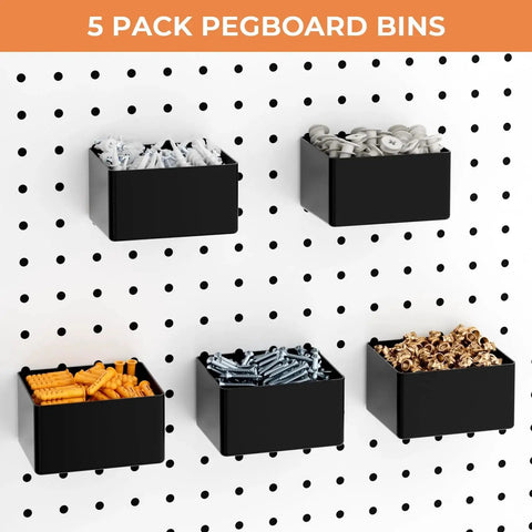 Pegboard Organizer Kit With 120 Hooks And Bins For 1/8 To 1/4 Inch Pegboards showing five black bins on pegboard with screws and plugs.