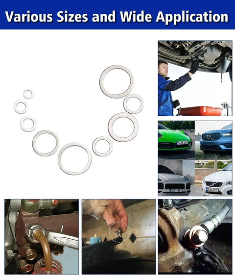 Oil Drain Plug Crush Washer Set Kit With 568 Pieces In 18 Aluminum Gasket Sizes M6-M24 displayed in various automotive applications