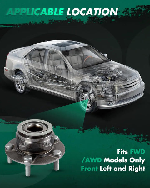Front Wheel Bearing And Hub Assembly With ABS For Nissan Rogue And Rogue Select 2008 Through 2015 5 Lug 2.5L Front Left Right Fitment Direct Replacement Durable Steel Components shown with transparent vehicle diagram.
