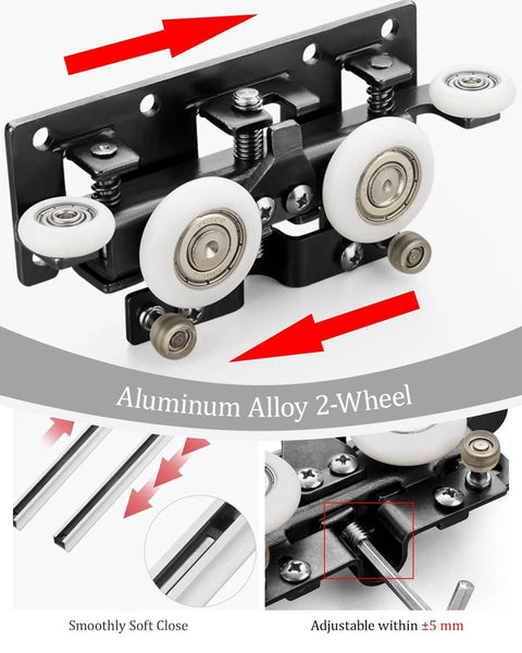 Close-up of aluminum alloy 2-wheel components from the Invisible Sliding Door Hardware Track System Kit for Bedroom Doors.