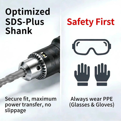 Close-up of 7pc SDS Plus Masonry Drill Bit Set With 4 Cutter Cross Tip And Double Thread For Fast Concrete Drilling, 6.3 Inch Length Tungsten Steel Bits