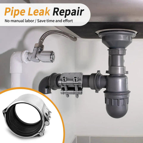 Installed Three Quarter Inch Pipe Repair Clamp Kit High Pressure Leak Sealer for Plastic and Metal Pipes 26 to 29mm under sink