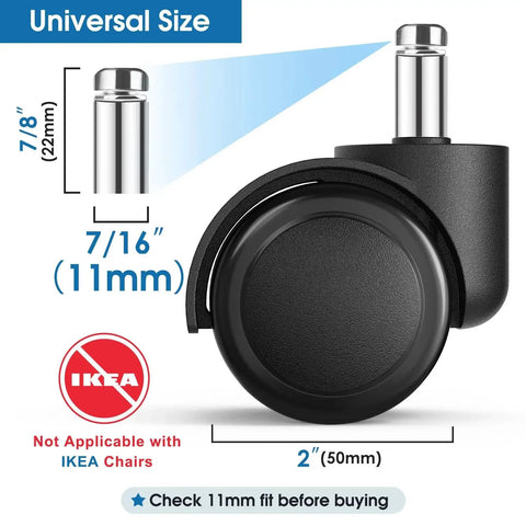 Heavy Duty 2 Inch Office Chair Wheels Set Of 5 Quiet Rubber Rotating Caster Wheels for Hardwood Floors and All Surfaces Universal 11mm Stem