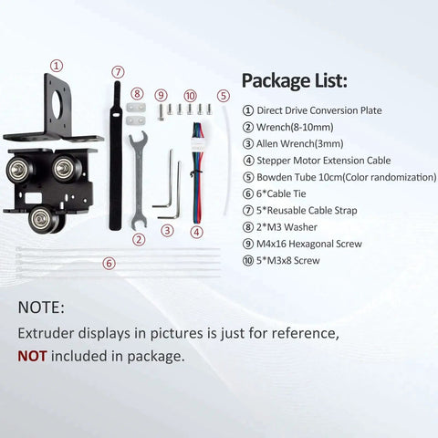 Direct Drive Upgrade Bracket Kit For Ender 3 V2 Pro And Ender 3 with hardware components layout and package list displayed.