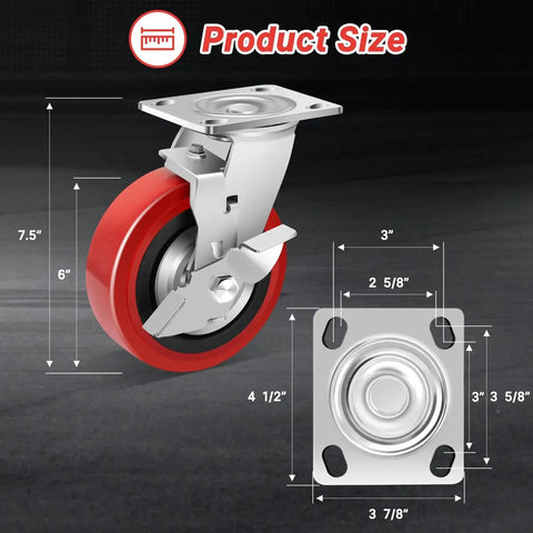 6 Inch Industrial Grade Caster Wheels Set Of 4, Heavy Duty Polyurethane Casters With Dual Ball Bearing, Solid Polyurethane Wheel Capacity 4500 Lb, Plate Mount Swivel Casters For Cart, Machine And Industrial Applications with measurements