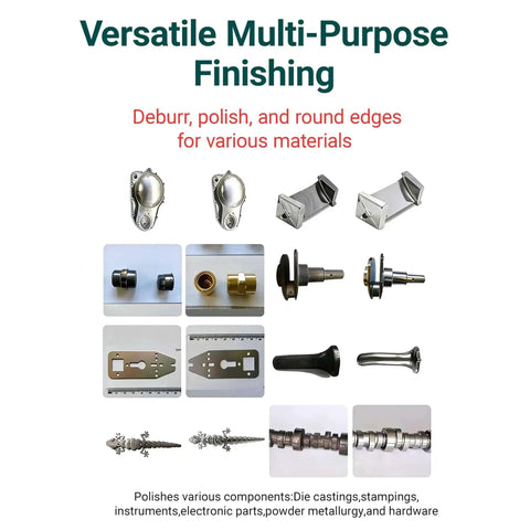 Image showing various metal components that can be finished using a 40L Vibratory Finishing Machine With Variable Frequency Drive And 550W Copper Motor Pro Grade Polyurethane Lined Tumbler For Metal Deburring Chamfering And Finishing Ideal For Auto Parts Bearings And Hardware Polishing 220V.