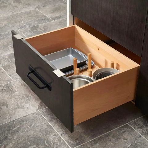 Open drawer with kitchenware, featuring a 12 Pack Matte Black Cabinet Handle Aluminum Drawer Pull for Sliding Doors