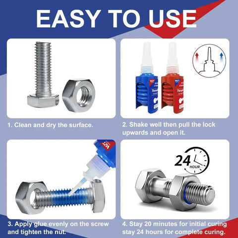 Easy to use steps for applying Blue And Red Thread Locker Set For Medium And High Strength Thread Locking For Nuts Bolts And Metal Fasteners Keeps Fasteners Locked Down And From Loosening While Preventing Corrosion WAN2TLK Two 50 Milliliter Bottles