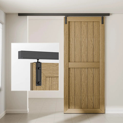8 Foot Ceiling Mount Box Rail Barn Door Hardware Kit Heavy Duty Steel Sliding Track installed on wooden door