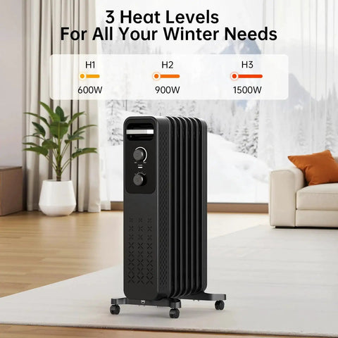 Efficient 1500W Oil Filled Radiator Heater With Rapid Whole Room Warmth 7 Turned Edge Fins Energy Saving Electric Space Heater