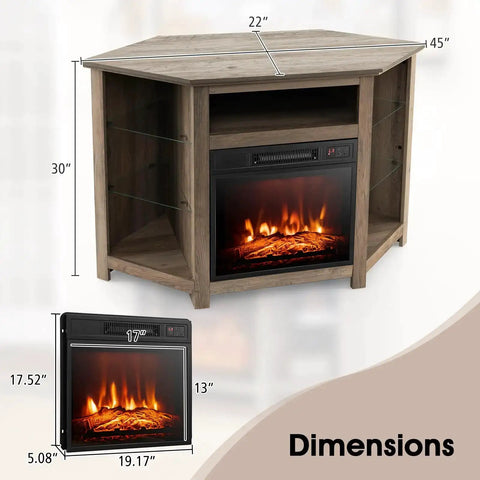 Corner Electric Fireplace TV Stand With Heater And LED Lights, dimensions displayed, gray finish, fits 50-inch TVs, space-saving design.