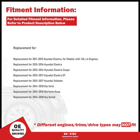 Fitment information for Rear Wheel Bearing Hub Assembly Replacement For Hyundai Elantra 2011 2017, Veloster 2012 2017, Kia Forte 2014 2018, Forte5 2014 2018 Repl No 512492 Durable, Beefed Up, Easy Install OE Fit shown