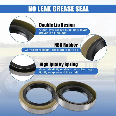Four Pack 3500 Pound Trailer Axle Bearing Kit With L68149 And L44649 Bearings And L68111 And L44610 Races Plus 171255TB 10 19 Grease Seals For 84 Spindle Fits 1 16 Inch To 1 38 Inch Trailer Axles Heavy Duty Hub Replacement For Boats Campers And Trailers displayed with close-up on grease seals and description of features.