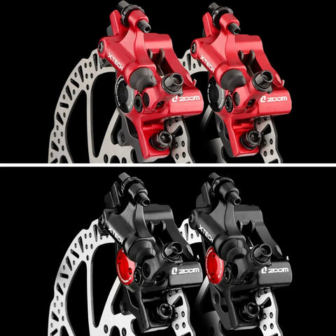 ZOOM HB-100 hydraulic disc brake calipers; front & rear MTB set, red calipers above black calipers with rotors