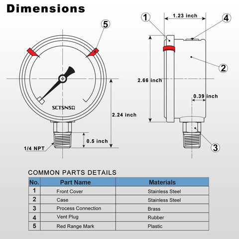 SCTSNSR 0–3000 psi glycerin-filled pressure gauge, 2.5 in dial, 1/4 in NPT lower mount, stainless steel case