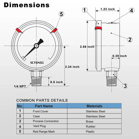 Dimensions diagram of 0 To 100 Psi Glycerin Liquid Filled Pressure Gauge With Two And A Half Inch Dial Lower Mount One Quarter Inch NPT.