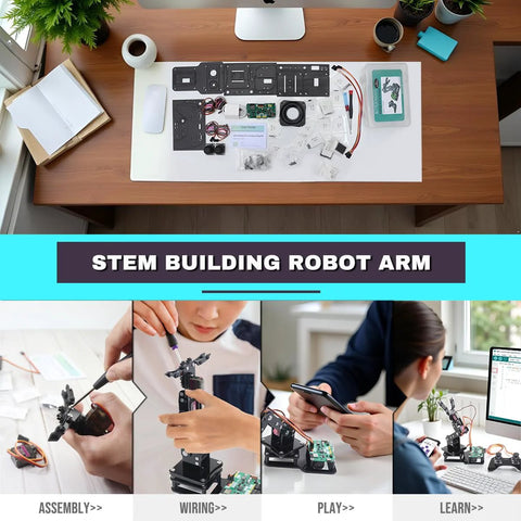 SiYEENOVE ESP32 robot arm kit components on desk: black metal frame panels, PCB, wires, joystick