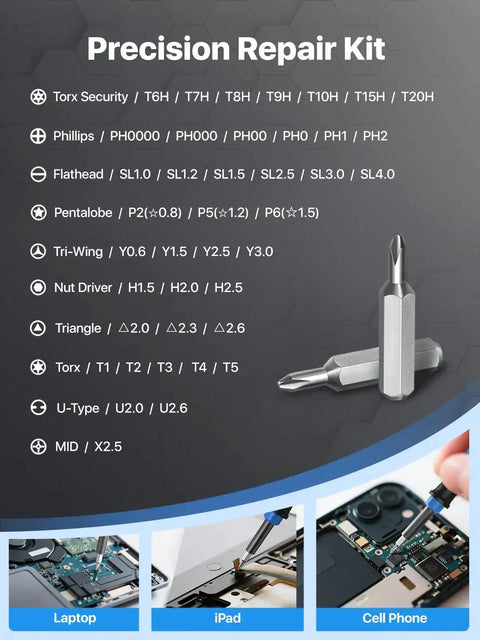 Precision Repair Kit chart and screwdriver images, part of the 52 In 1 Precision Screwdriver Kit With Torx And Hex Bits Magnetic Repair Tool Set.