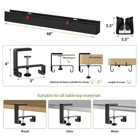 Diagram showing Huge 48 Inch Under Desk Cable Management Tray With Clamp Or Screw Mount No Drill Setup Holds Up To 70 Lbs Fabric Wire Organizer