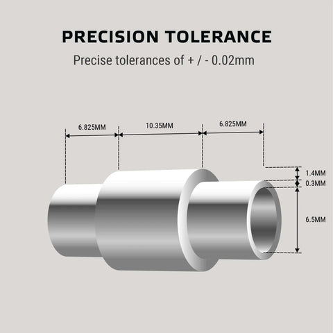 Diagram illustrating precision tolerance for Eight Millimeter Inline Skate Bearings set featuring a Dragon self-centering spacer at 6mm spacing.