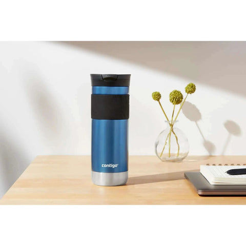 Snapseal Insulated Stainless Steel Travel Mug 20oz With Grip Lid in Blue Corn color on a table with a notepad.
