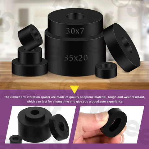 Must Have 50 Piece Round Rubber Spacer Kit in 7 Sizes for Anti Vibration Neoprene Grommets Thick Black Washers