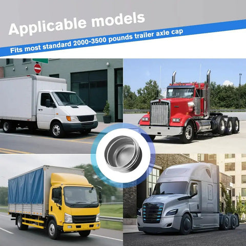 Collage of various trucks with a 2 Pack 1.98 Inch Trailer Hub Dust Caps Replacement shown in the center, suitable for 2000-3500 lb hubs.