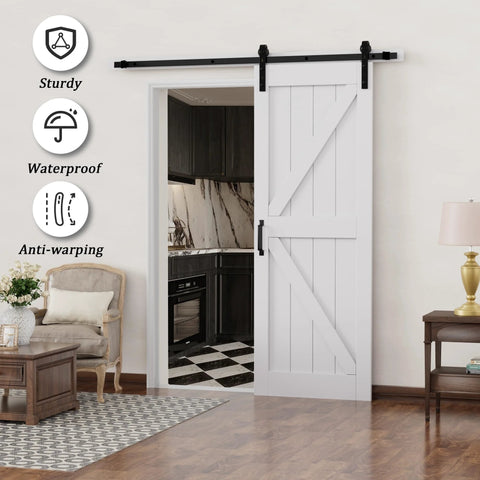 Sliding Barn Door 30 Inch By 84 Inch With 6 Foot Hardware Kit And Handle White Solid MDF Surface That Is Water Resistant And Scratch Resistant Easy To Clean And Install DIY Assembly K Frame Farmhouse Style Reno Ready installed in living room