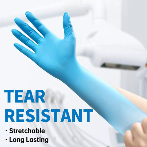 Powder Free Nitrile Exam Gloves 4.5 Mil Latex Free Blue 100 Medium Disposable on hand showing stretch and fit