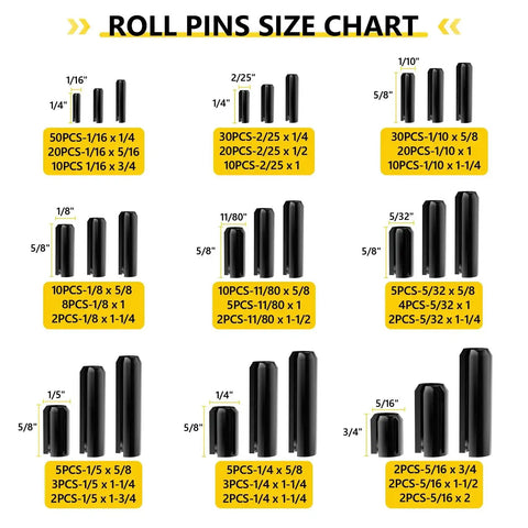 Size chart of Nine Size 65Mn Steel Black Roll Pin Set For Home And Auto Repairs with various dimensions and quantities displayed.