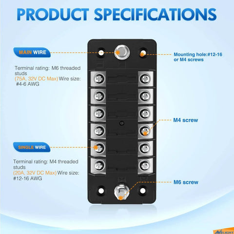 Front view of product specifications for six way fuse block with negative bus and 12V blade fuse holder, showing terminal ratings and wire sizes.