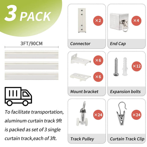 Heavy Duty Aluminum Ceiling Curtain Track System, 3 Pack of 3 Ft Rails, Wall Mount Sliding Curtain Rail components display