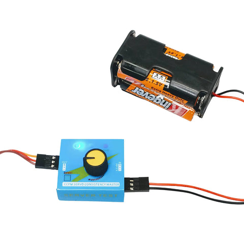 Servo Motor Tester Kit With 9G 180 Degree Servo RC Servo Tester, including blue controller and 4 AA battery holder, top view.