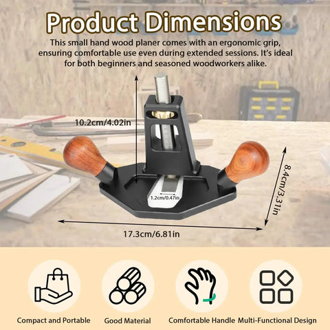 Image of Pro Grade Handheld Router Plane For Woodworking And Wood Crafting Delivers Smooth Surfaces Clean Edges Precise Dados Grooves And Mortises Cutting Smoothing And Fine Tuning For Perfect Joints In A Compact Tool That Woodworkers Call A Dream showing dimensions and ergonomic grip.