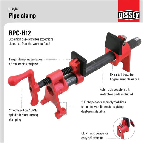 Half Inch H Style Pipe Clamp With Clutch Disc For Easy Adjustments Along The Bar Extra High Base For Clearance From Work Surface