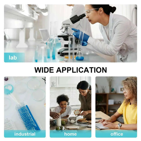 Collage showing lab, industrial, home, and office settings with equipment and people in various activities.