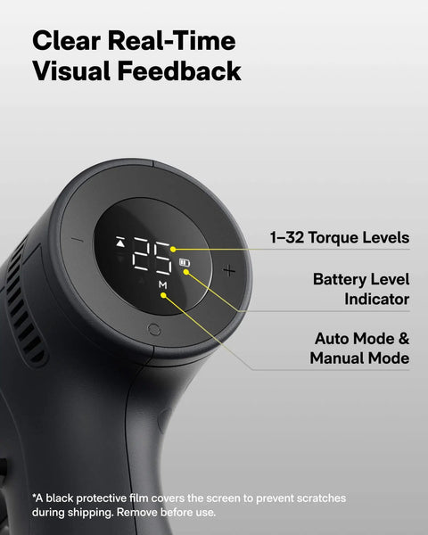Close-up of digital display on a 16V Brushless Power Drill With 50 Nm Torque, showing auto and manual mode settings.