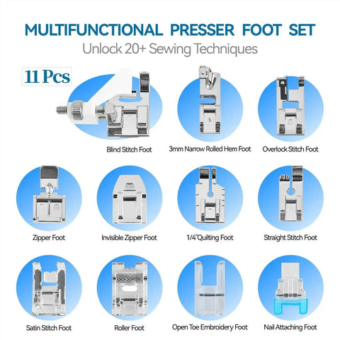11-piece low-shank presser feet kit; includes zipper, rolled hem, satin stitch, and quilting feet
