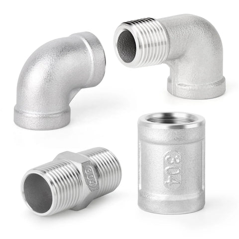 TAISHER 304 stainless steel 4-piece pipe fittings set: two 90-degree elbows, a hex bushing, and a 3/8 in NPT coupling.