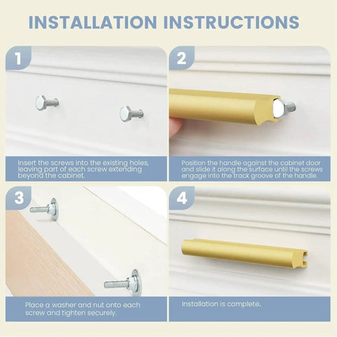 Installation instructions for Six Pack Adjustable Matte Gold Drawer Pulls For Cabinets And Furniture, step-by-step guide shown.
