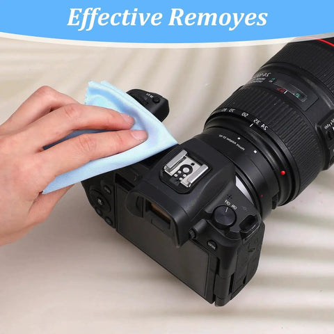 Person using blue cloth from Multicolor 200 Pack Microfiber Cleaning Cloths For Glasses Screens Cameras to clean camera lens