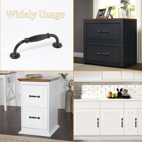 Black Cabinet Handles Set, 3 3/4 Inch Hole Center (96mm), 115mm Overall Length shown on drawers and cabinets